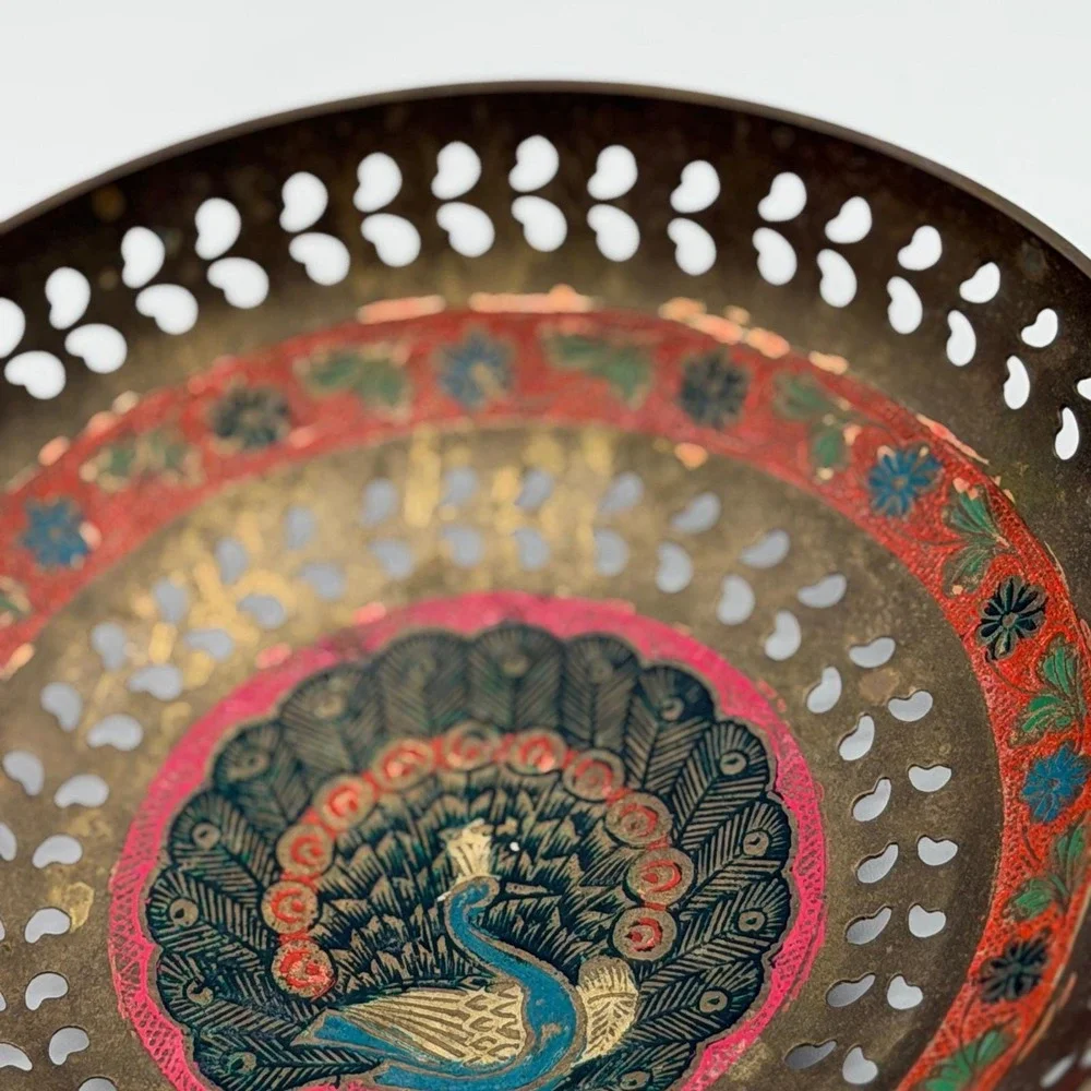 Vintage Enameled Brass Peacock Bowl Pierced Edges Hand Painted India 7.25in
